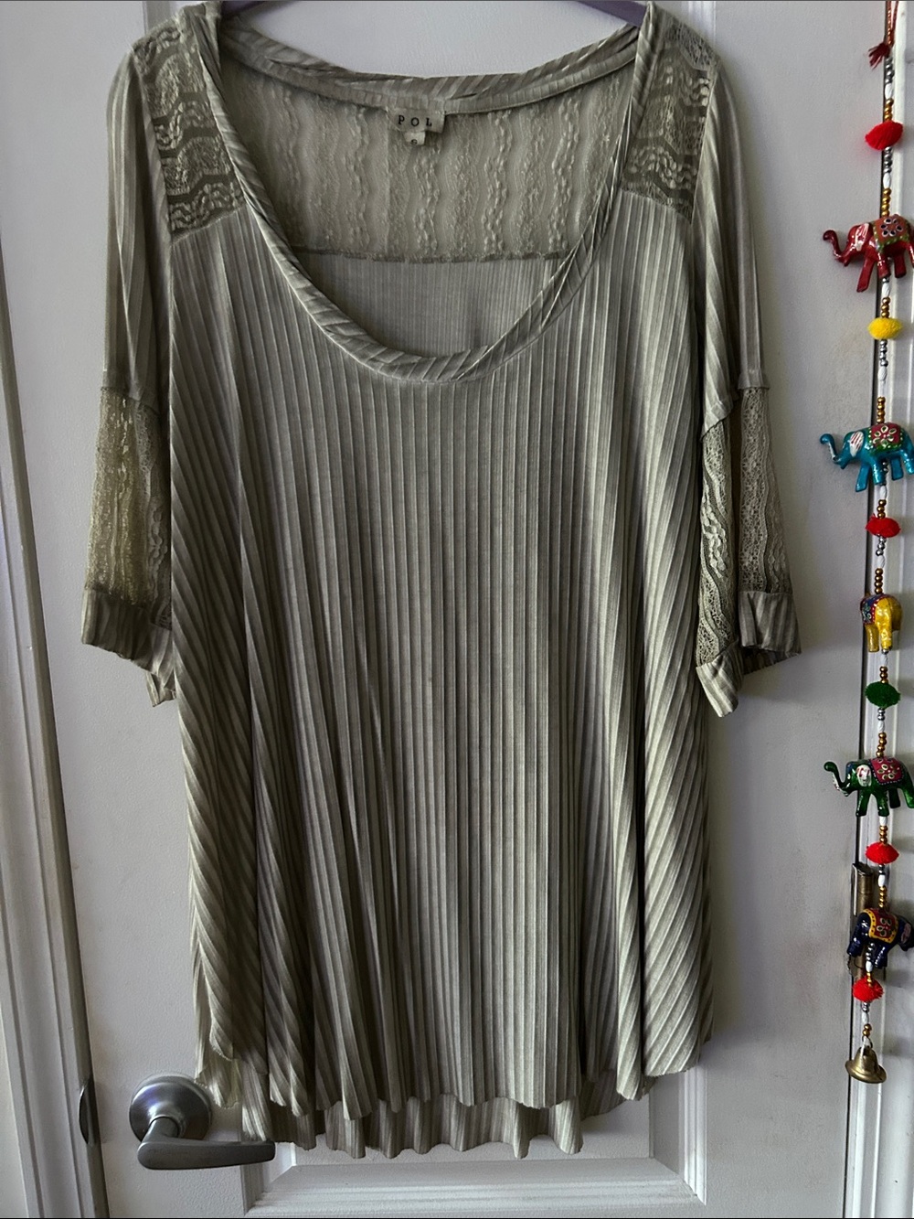 POL Sage Green Lace-Yoke Short Sleeve Tunic